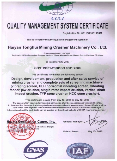 China ZheJiang Tonghui Mining Crusher Machinery Co., Ltd. Certification